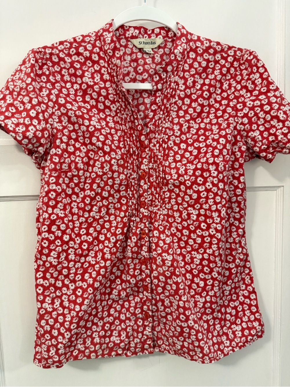 St. John's Bay Coral-Red and White Floral Top